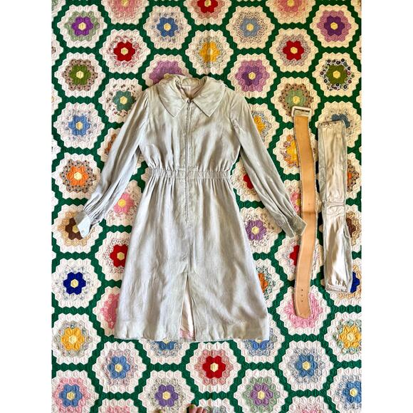 Vintage 1960s Homemade Dress Pale Blue Velvet Silk Lining Belts Wounded Bird - Picture 12 of 16
